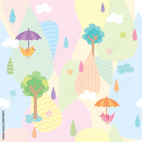 Illustration vector of cute rainy seamless pattern background decorated with rain drop tree and birds holding umbrella on sweet pastel colors.