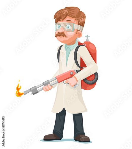 Radical cleaning mad scientist with flamethrower cleansing purification by fire destruction science cartoon character isolated icon vector illustration photo