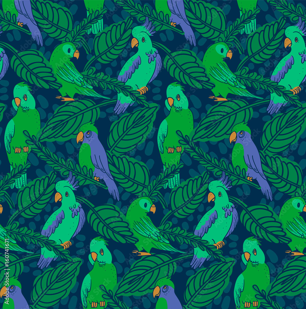 Summer Vector Seamless Pattern. Cartoon Illustration Parrots, Cockatoo and Leaves in blue and green Summer Vector Seamless Pattern. Cartoon Illustration Parrots, Cockatoo and Leaves in blue and green