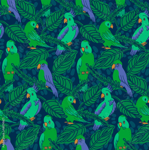 Summer Vector Seamless Pattern. Cartoon Illustration Parrots, Cockatoo and Leaves in blue and green