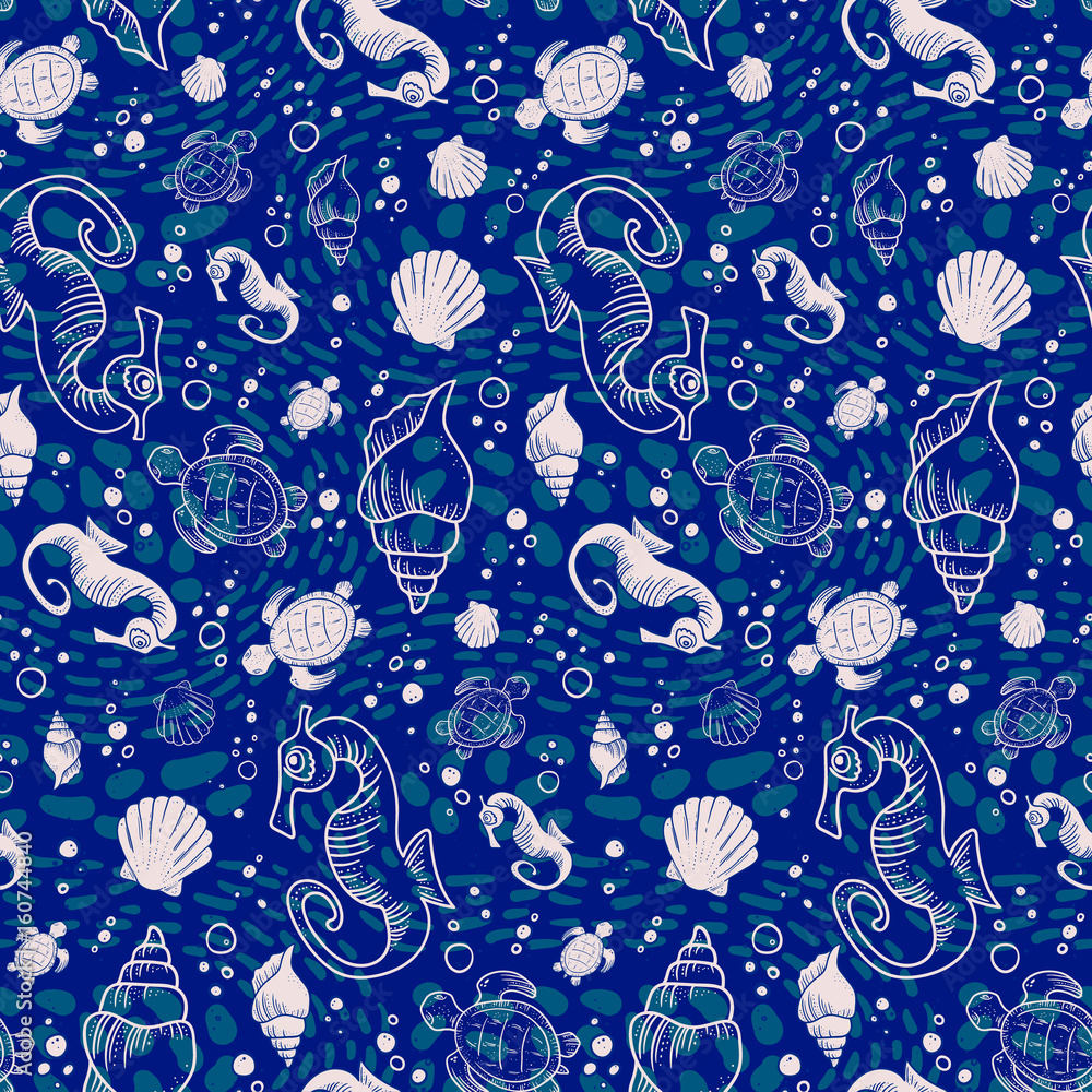Marine Vector Seamless Pattern Cartoon Illustration Seahorse and seashells in Blue. Marine Vector Seamless Pattern Cartoon Illustration Seahorse and seashells in Blue.