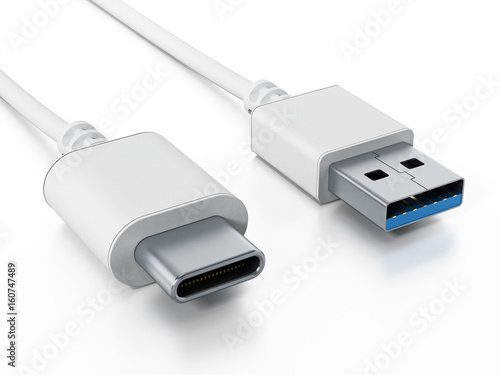 USB type C and USB 3.0 cables isolated on white background. 3D illustration photo
