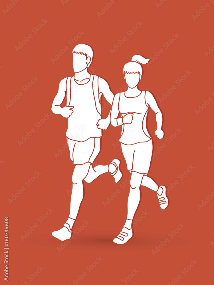 Man and woman running together, marathon runner graphic vector. Man and woman running together, marathon runner graphic vector.