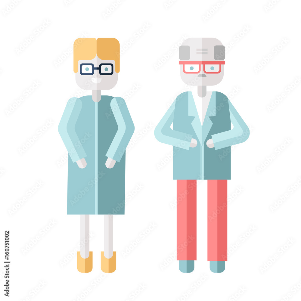 Two elderly personage, a man and a woman. Vector illustration in flat style, isolated on white background. Two elderly personage, a man and a woman. Vector illustration in flat style, isolated on white background.
