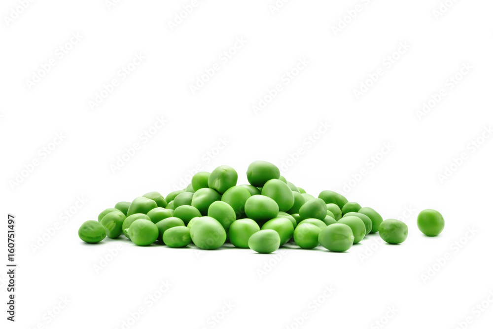 Ripe green peas on a white background. An isolated object. Ripe green peas on a white background. An isolated object.