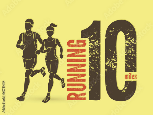 Man and woman running together with text marathon running number graphic vector.