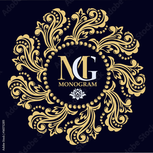Decorative floral pattern. Gold graceful frame. Heraldic symbols. Monogram initials and exclusive calligraphic design elements. Vector business sign, identity for hotel, restaurant, jewelry, fashion.