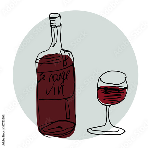 Vector Hand Drawn Illustration. A Bottle Of Red Wine and Glasses Of Wine