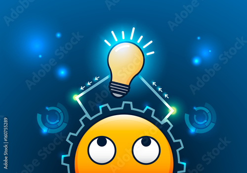 Emoji with a creative brain processing new ideas. Vector emoticon with a lamp for different concepts