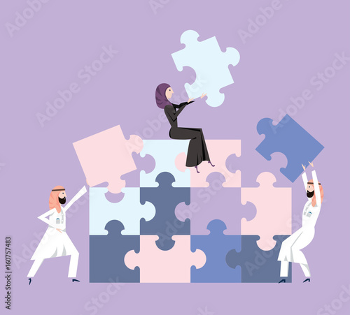 People in the Arab national dress collect puzzle. Business concept of teamwork and teambuilding. Vector illustration, isolated on violet background.