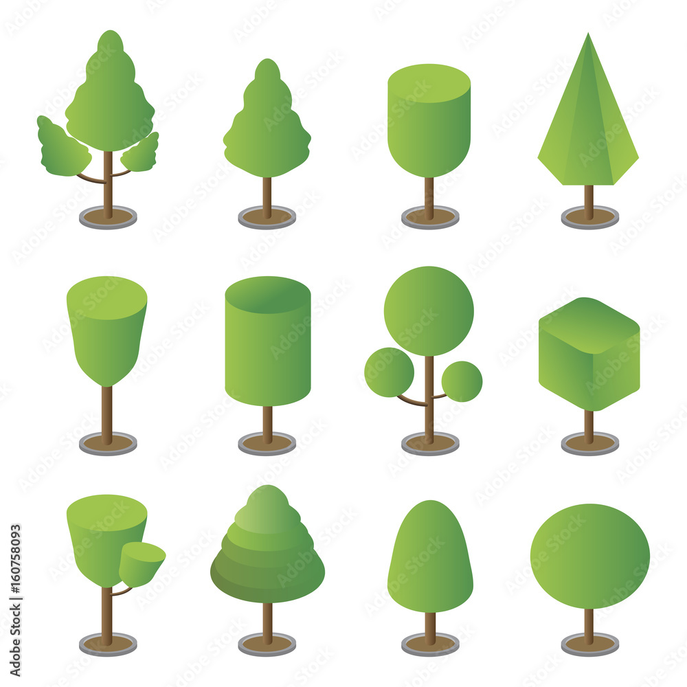 Trees isometric, trees isolated on white background.