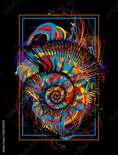 Color ammonite t-shirt design modern art element for design, poster, gift cards, flyers, brochures template. Creative art ammonite and color splashes symbol of science, imagination, education