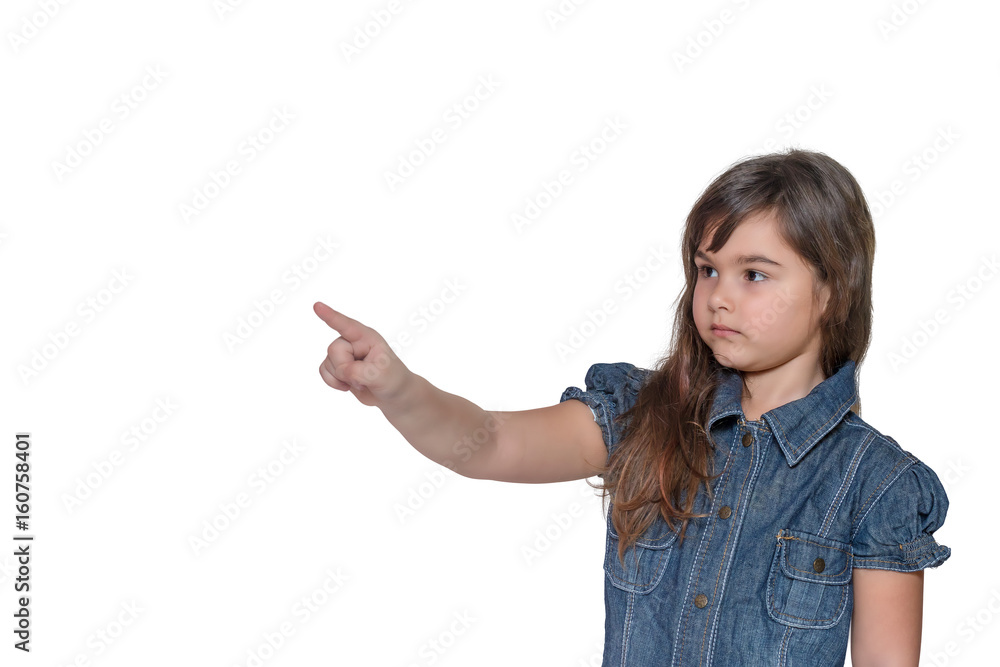 Little girl is showing her index finger into space Little girl is showing her index finger into space