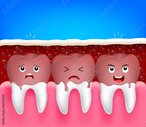 teeth problem of aerated soft drink. Cute cartoon tooth characters, funny illustration. Dental care concept.