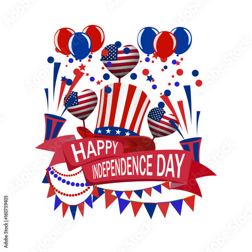 America s Independence Day. A ribbon with an inscription. Hearts  crackers  a hat  balloons. illustrations