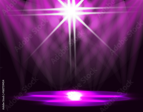 Lighting of the ice rink, catwalk, stage lights. Abstraction. Purple background. illustration