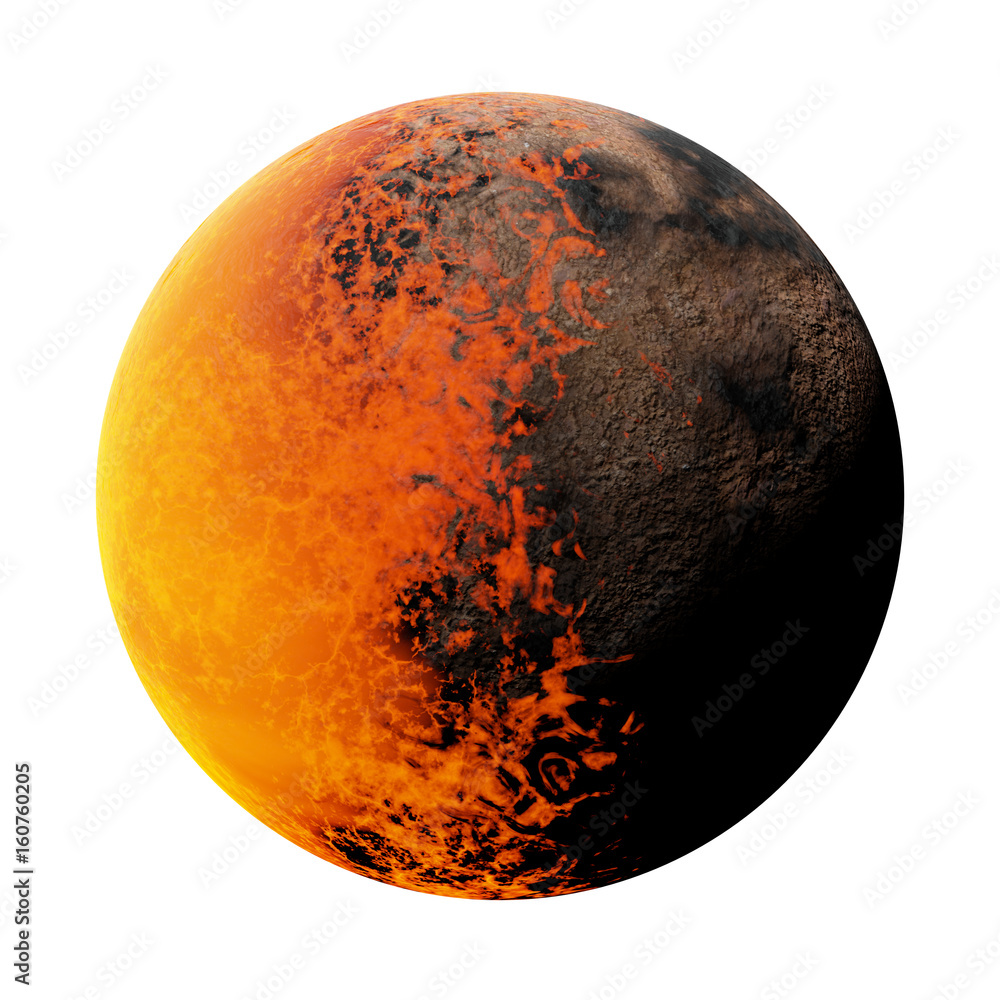 Naklejka premium tidally locked exoplanet with a molten and a rocky side, isolated on white background