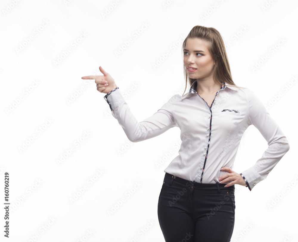 Young happy woman showing presentation, pointing on placard over Young happy woman showing presentation, pointing on placard over