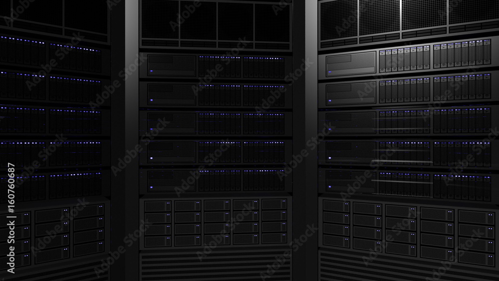 Multiple server racks with blinking lamps. ISP, cloud technology, big data or e-commerce concepts. 3D rendering Multiple server racks with blinking lamps. ISP, cloud technology, big data or e-commerce concepts. 3D rendering