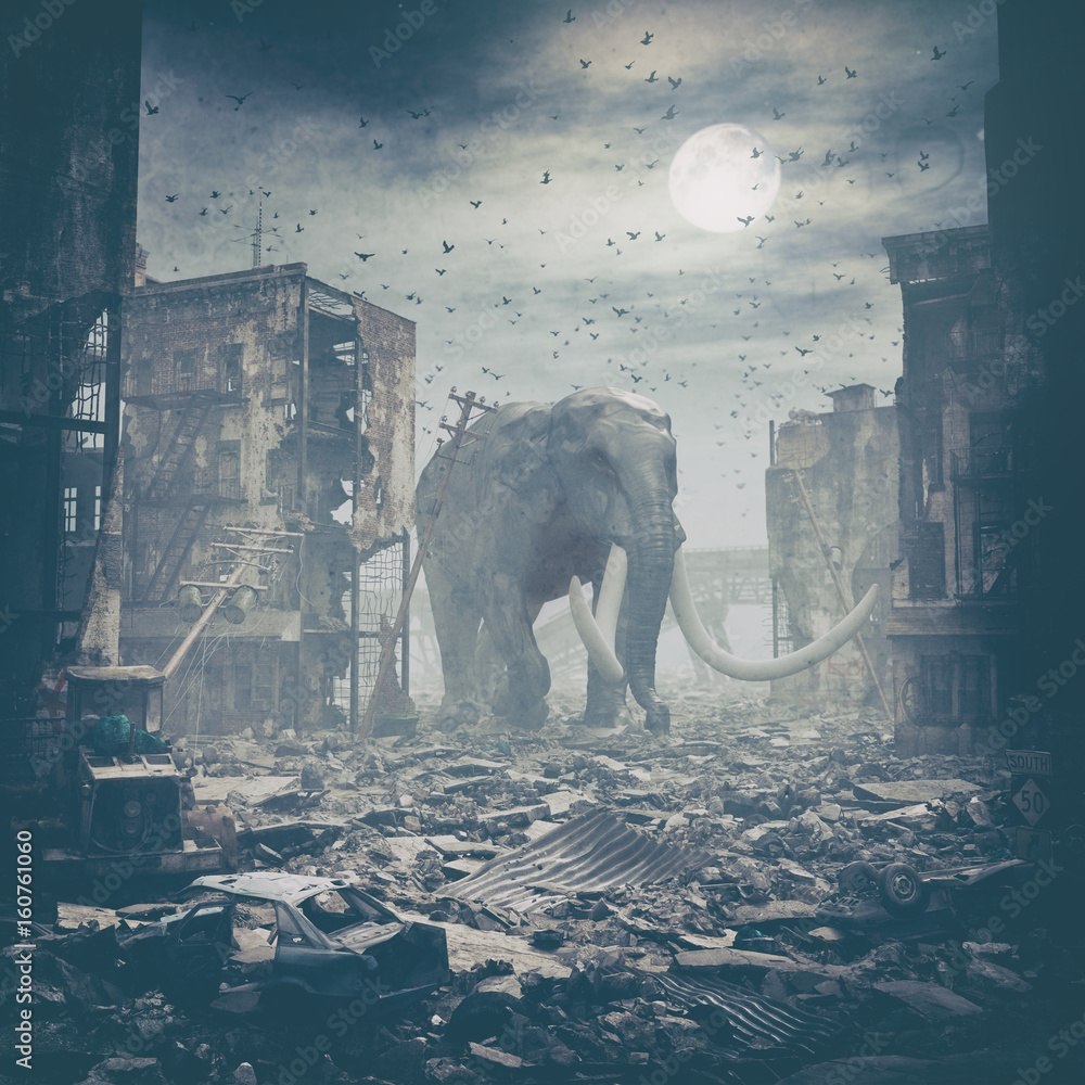 giant elephant in destroyed city - obrazy, fototapety, plakaty 