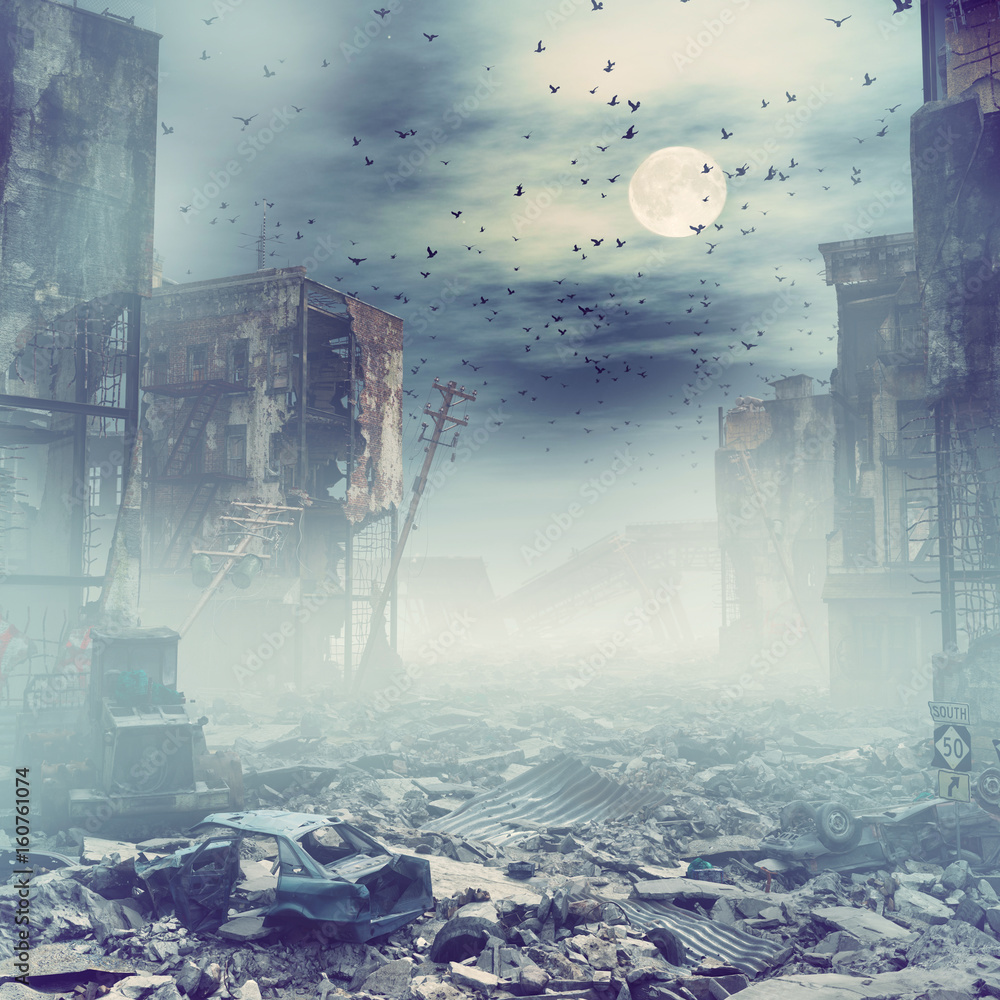 night destroyed city. 3d concept - obrazy, fototapety, plakaty 