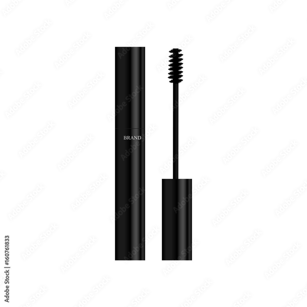 Obraz premium Black mascara with eyebrow brush on white background. Isolate