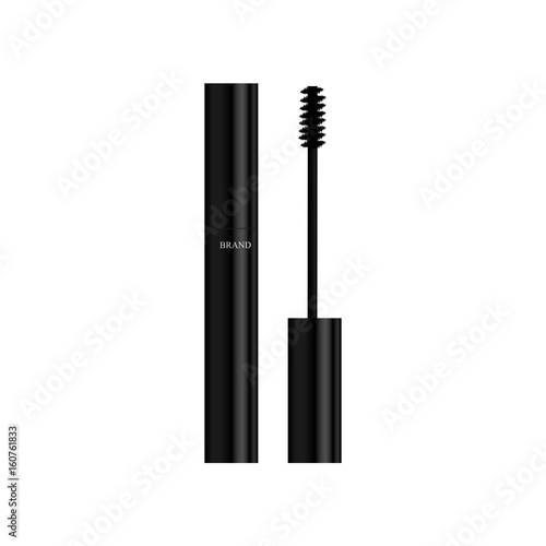 Black mascara with eyebrow brush on white background. Isolate