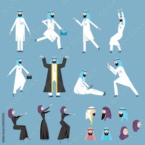 The Arab people, men and women in the arabian national dress in various poses. Vector illustration set, isolated on blue background.