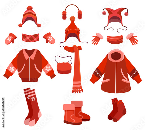 Cartoon woman winter clothes and female cold weather accessories isolated on white. Knitting gloves and scarf, coat and fur boots, vector illustration