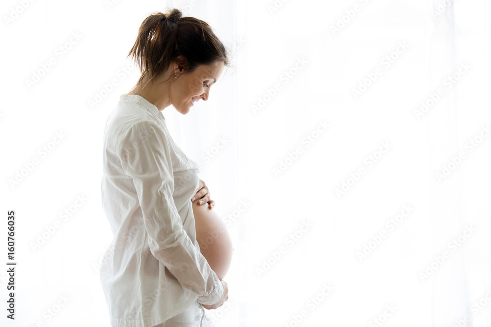 Portrait of young pregnant attractive woman, standing by the window, Portrait of young pregnant attractive woman, standing by the window,