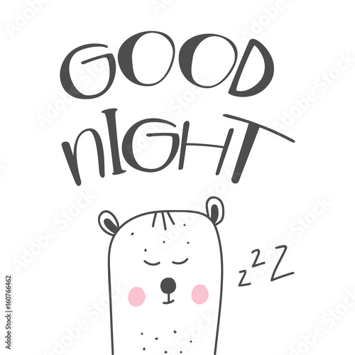 Good night hand drawn lettering cartoon illustration with cute white sleeping bear.