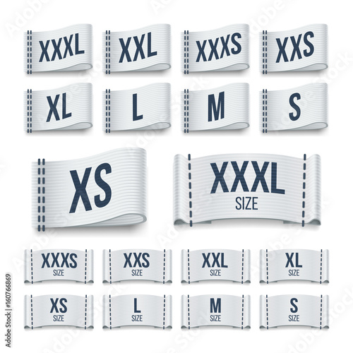 Size clothing fabric ribbon labels. Garment tags vector set