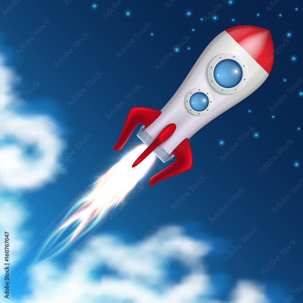 Space rocket take off. Science spaceship launch with blast fire vector illustration