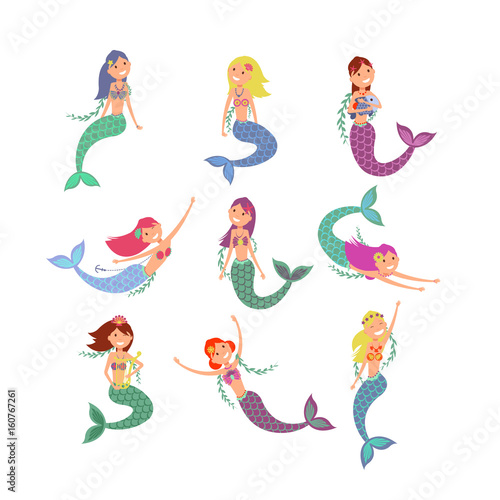 Cute fish girls vector characters. Swimming pretty princess mermaids