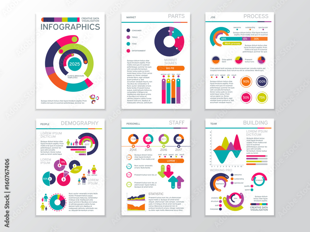 Modern business presentation documents with graphics and infographic charts. Corporate marketing vector template brochure pages