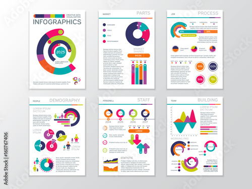 Modern business presentation documents with graphics and infographic charts. Corporate marketing vector template brochure pages