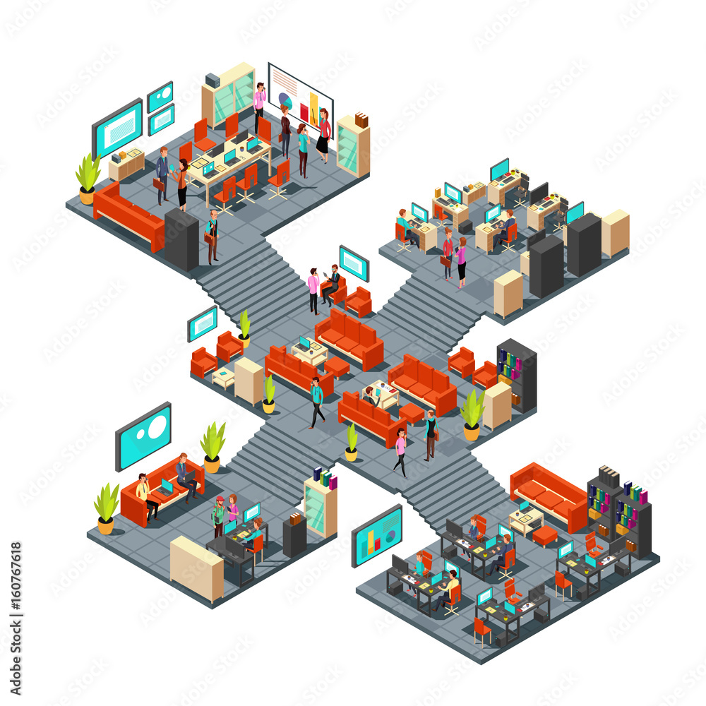 Isometric business offices with staff. 3d businessmen networking in office interior Isometric business offices with staff. 3d businessmen networking in office interior