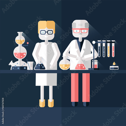 Two scientist chemists in white lab coats in a scientific laboratory. Man and woman make a chemical experiment. Vector illustration in flat style on dark background.