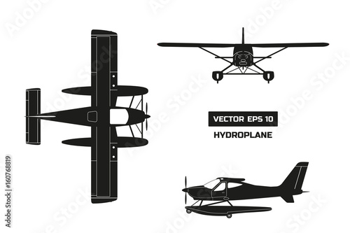 Black silhouette of plane on white background. Cargo aircraft. Industrial drawing of hydroplane. Top, front and side view
