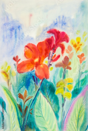   Watercolor original painting red  color of canna flower and green leaves.