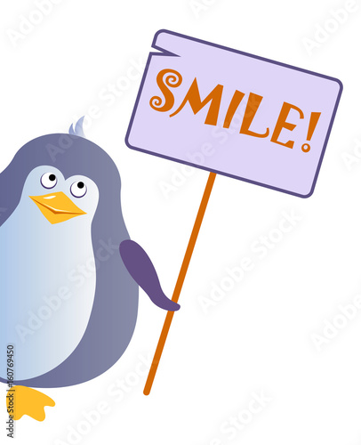 Penguin holds a sign with an inscription 