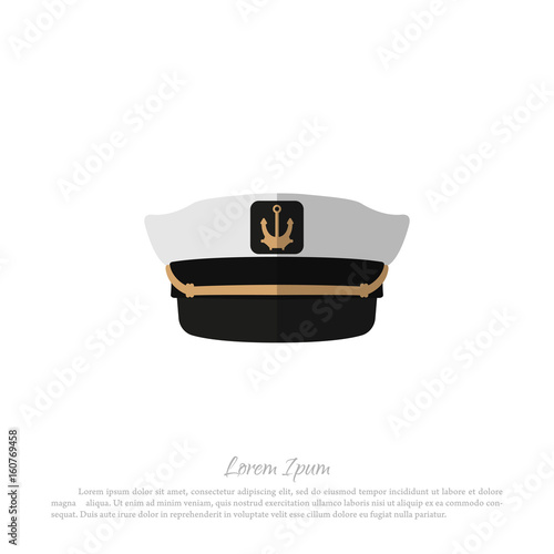 Hat of captain on a white background. Icon of sailor cap in flat style