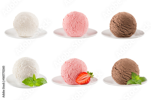 Ice cream scoops collection of six balls on plate - creamy, strawberry, chocolate - decorated mint leaves, slice berry. Isolated on white background. Template for menu.