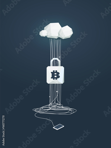 Ransomware concept with cloud computing data security issue. Virus infection and blackmailing to pay with bitcoin.