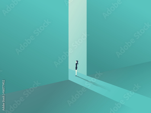 Businesswoman standing in a gate as a symbol of business opportunities, challenge, vision and future.