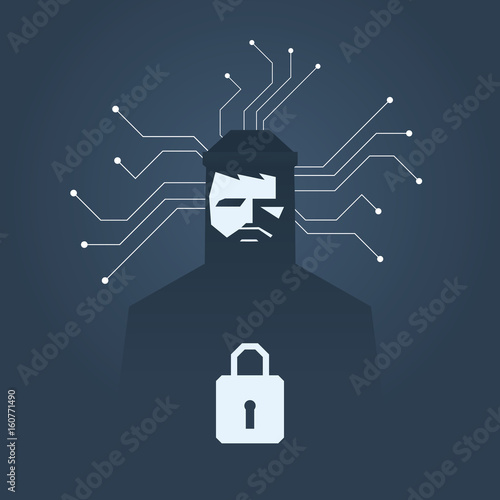 Computer hacker and ransomware vector concept. Criminal hacking, data theft and blackmailing symbol.
