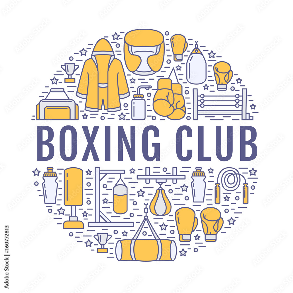 Boxing poster template. Vector sport training line icons, circle illustration of equipment - punchbag, boxer gloves, ring, heavy bags. Box club banner with place for text, white background.