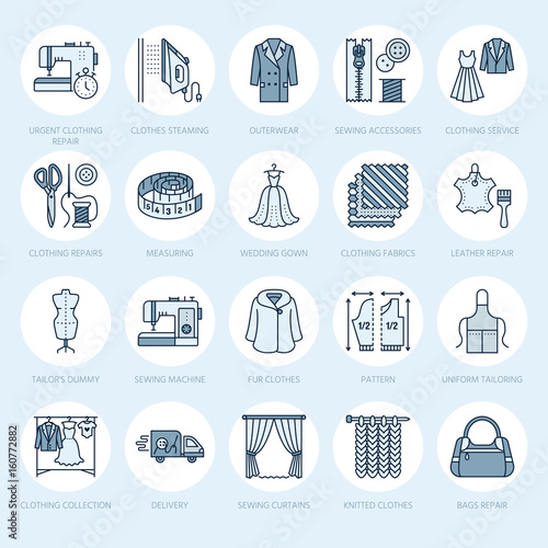 Clothing repair, alterations flat line icons set. Tailor store services - dressmaking, clothes steaming, curtains sewing. Linear colored signs set, logos for atelier.