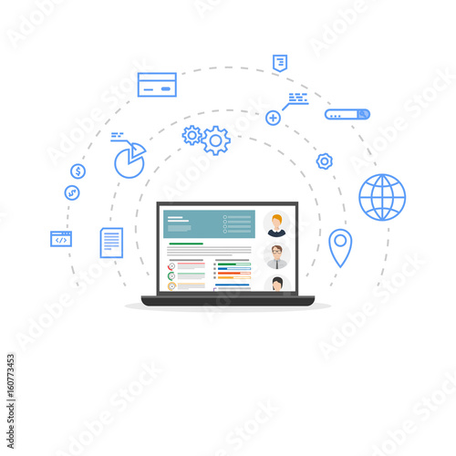Accounting and audit laptop concept. Financial information with accountants avatars. Online and global accounting. Flat style line modern vector. Circles with icons, support, clients and crm.