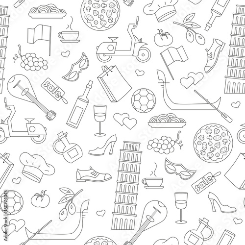 Seamless pattern on the theme of journey in the country of Italy, simple contour icons on white background